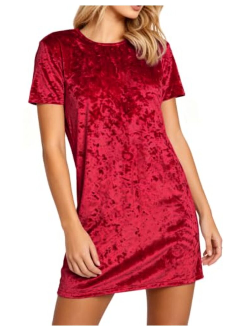 Crushed Velvet Short Sleeve Mini T-Shirt Dress Crew Neck Pull On